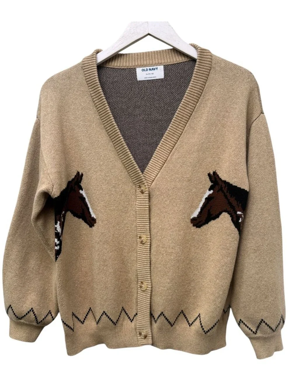 Old Navy Horses Cardigan Girls XL (14-16) Sweater Camel Tan Pony Equestrian